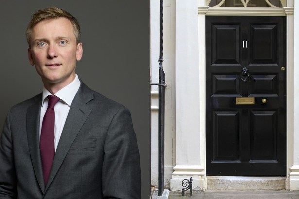Split image of Swansea West MP Torsten Bell alongside the black front door of 11 Downing Street