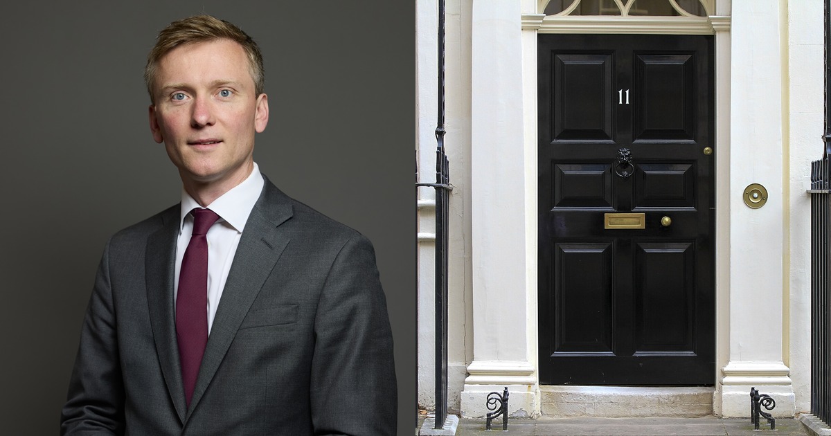 Split image of Swansea West MP Torsten Bell alongside the black front door of 11 Downing Street