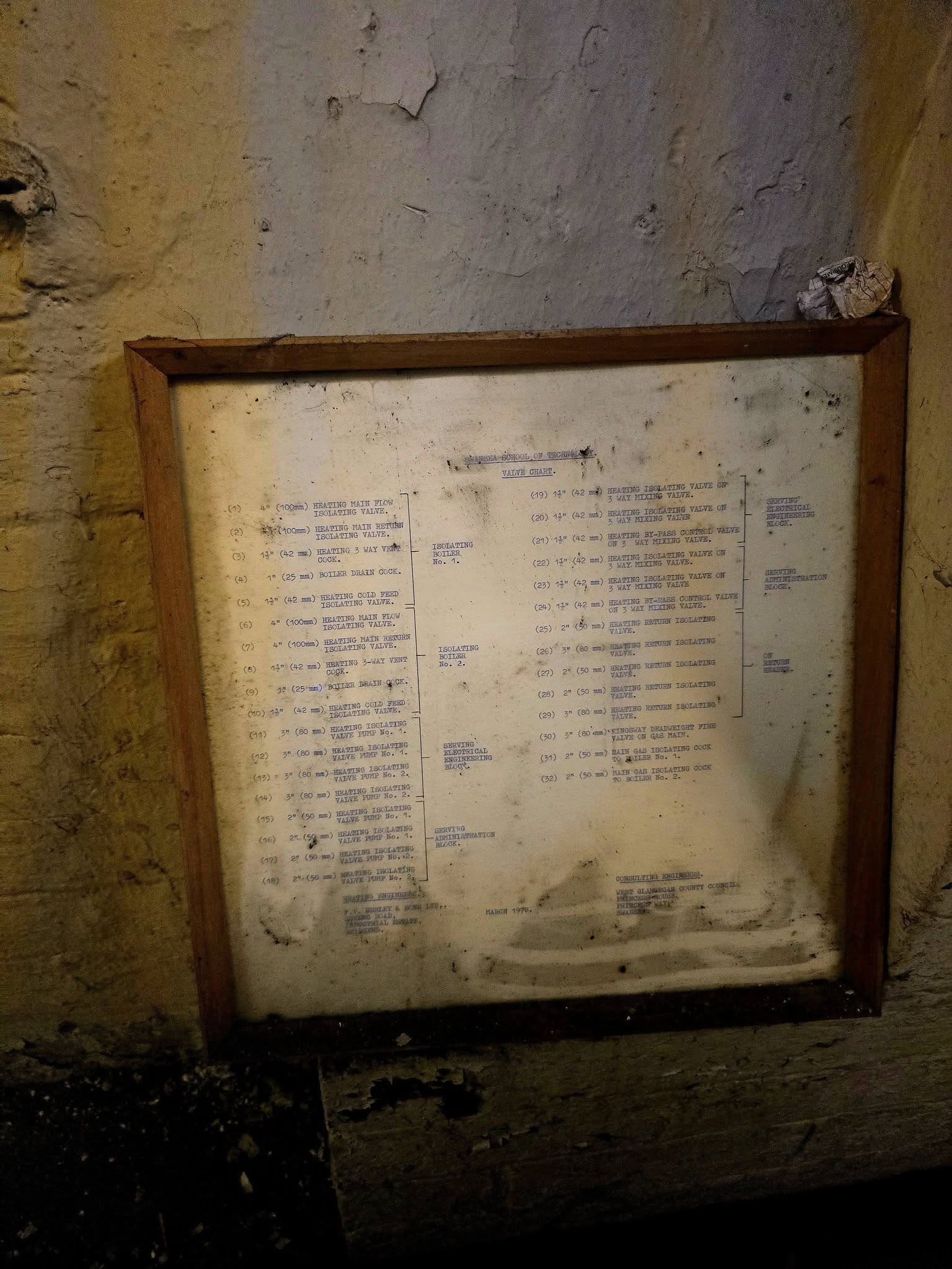 Framed typewritten Swansea School of Technology valve chart dated March 1978