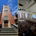 Two-panel image showing the red-brick Technical College tower entrance and an abandoned lecture theatre inside