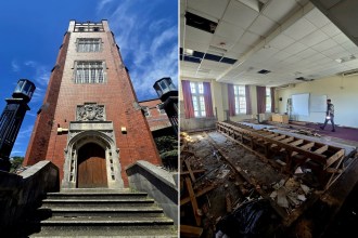 Two-panel image showing the red-brick Technical College tower entrance and an abandoned lecture theatre inside
