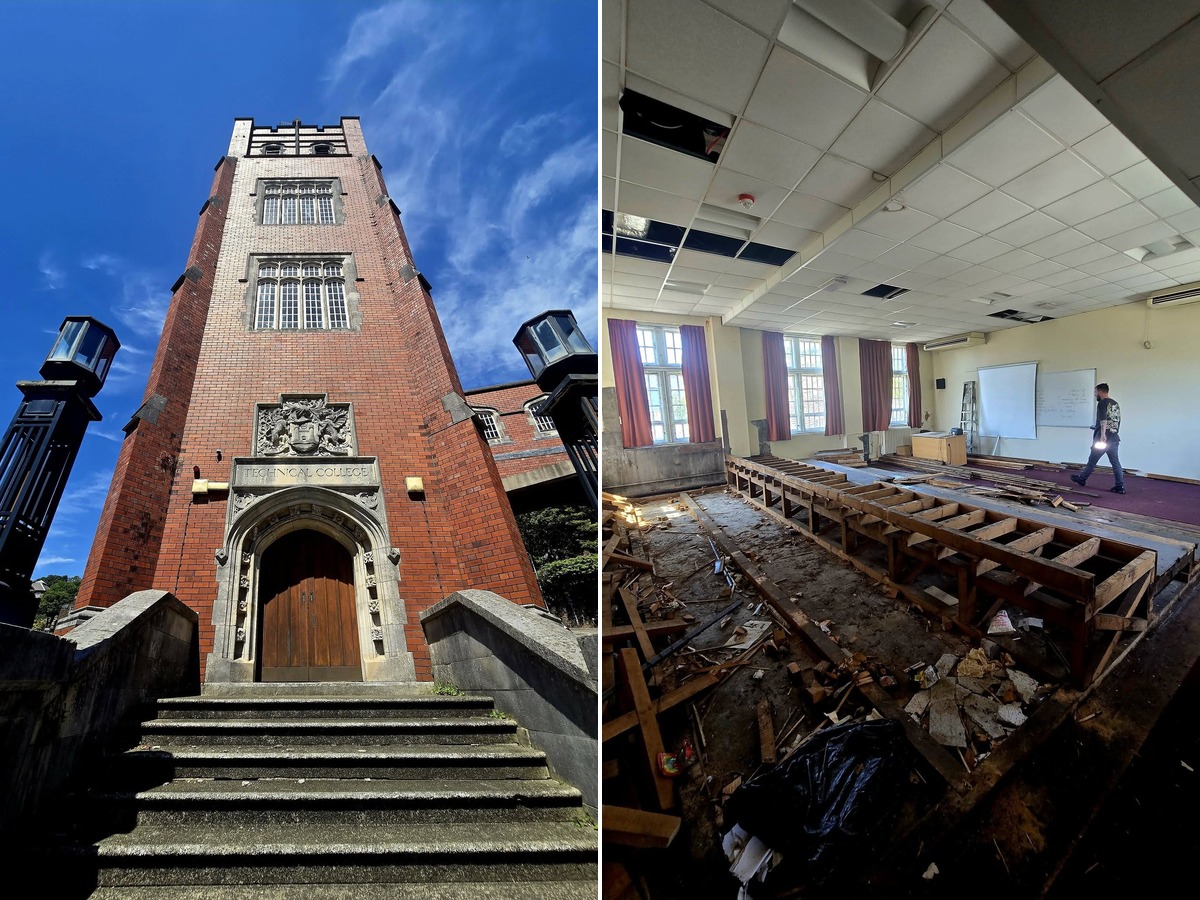 Two-panel image showing the red-brick Technical College tower entrance and an abandoned lecture theatre inside
