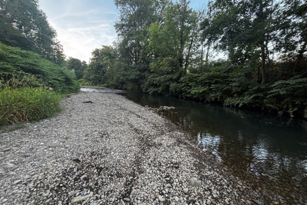 A wide gravel riverbed exposed by low water on a tree-lined Welsh river