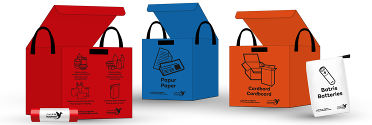 Graphic showing the five new Carmarthenshire recycling containers — red, blue and orange reusable sacks, a roll of red bags and a small white battery sack