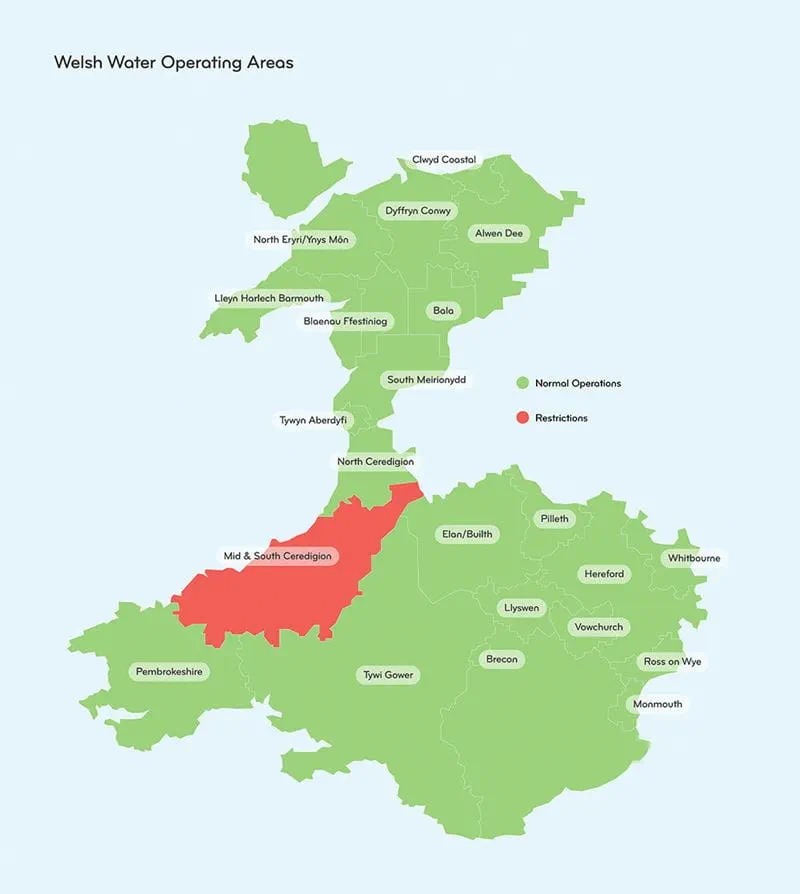 Welsh Water map of its operating areas with the restricted zone marked in red