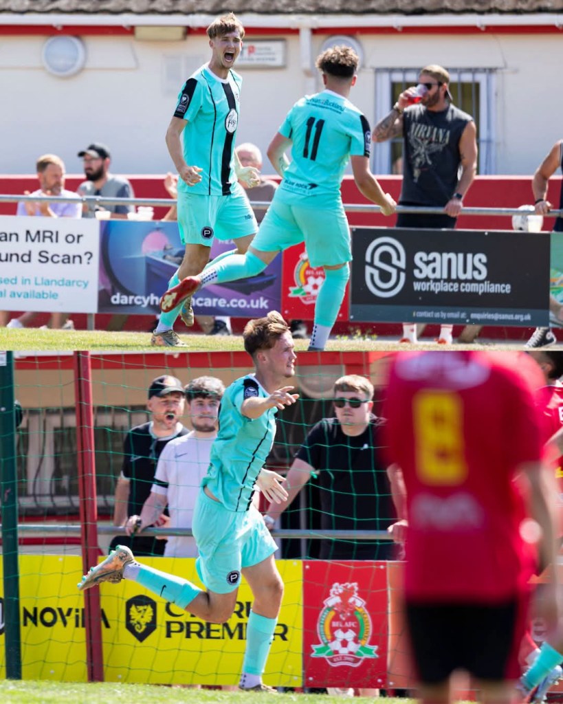 Casey Coughlin wheeling away in celebration after scoring for Pure Swansea