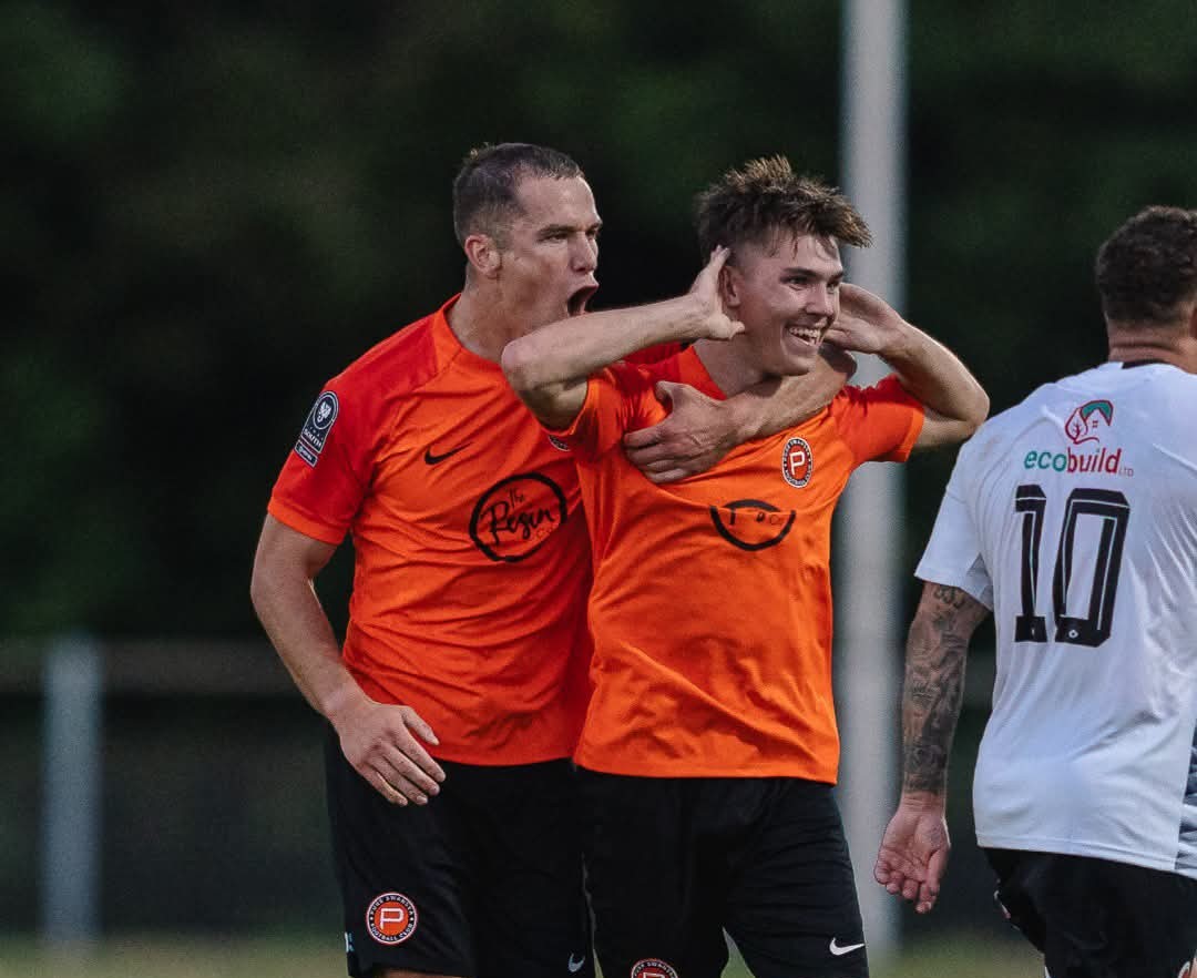 Pure Swansea full-back Dan Ingram celebrating his goal against Pontypridd United