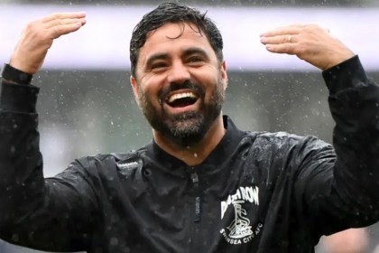 Swansea City head coach Vitor Matos speaking after the game at Pride Park