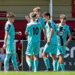 Pure Swansea players in pale blue shirts celebrating a goal in front of the stand at Briton Ferry