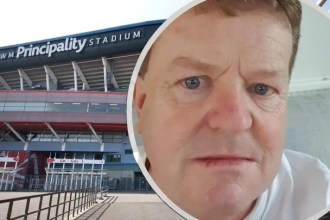 Principality Stadium exterior with its name signage, overlaid with a circular portrait of rugby supporter Rob Thomas.