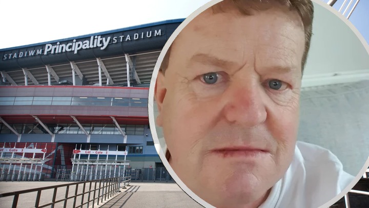 Principality Stadium exterior with its name signage, overlaid with a circular portrait of rugby supporter Rob Thomas.