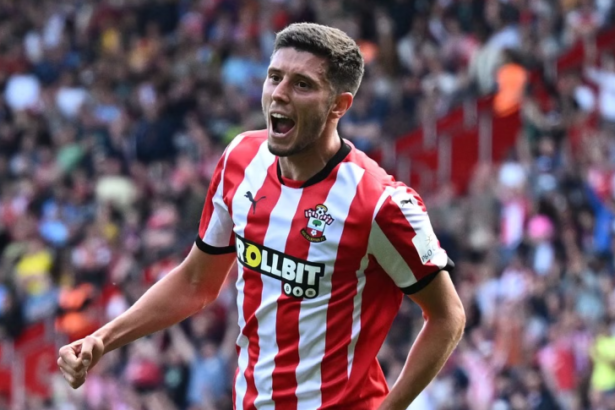 Ross Stewart celebrating a goal in a red and white striped Southampton shirt