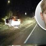 Composite of Max Dangerfield's police custody photograph inset over a night-time police dashcam still showing a damaged taxi on the verge of the A48