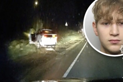 Composite of Max Dangerfield's police custody photograph inset over a night-time police dashcam still showing a damaged taxi on the verge of the A48