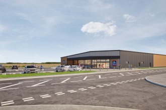 Computer-generated view of the proposed Aldi store on Sandy Road, Llanelli, with the car park in front