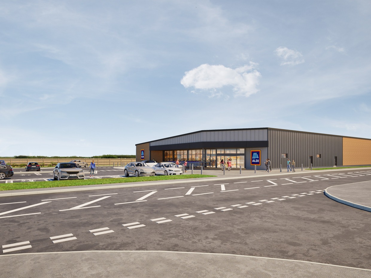Computer-generated view of the proposed Aldi store on Sandy Road, Llanelli, with the car park in front
