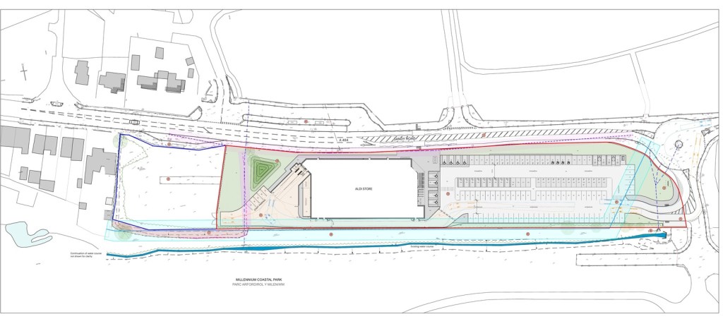 Site plan showing the Aldi store, the car park to the east, the service yard and the access road from the roundabout
