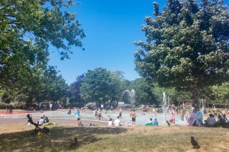Families in and around the pool at Blackpill Lido on a sunny day, with splash fountains, swings and trees around the water