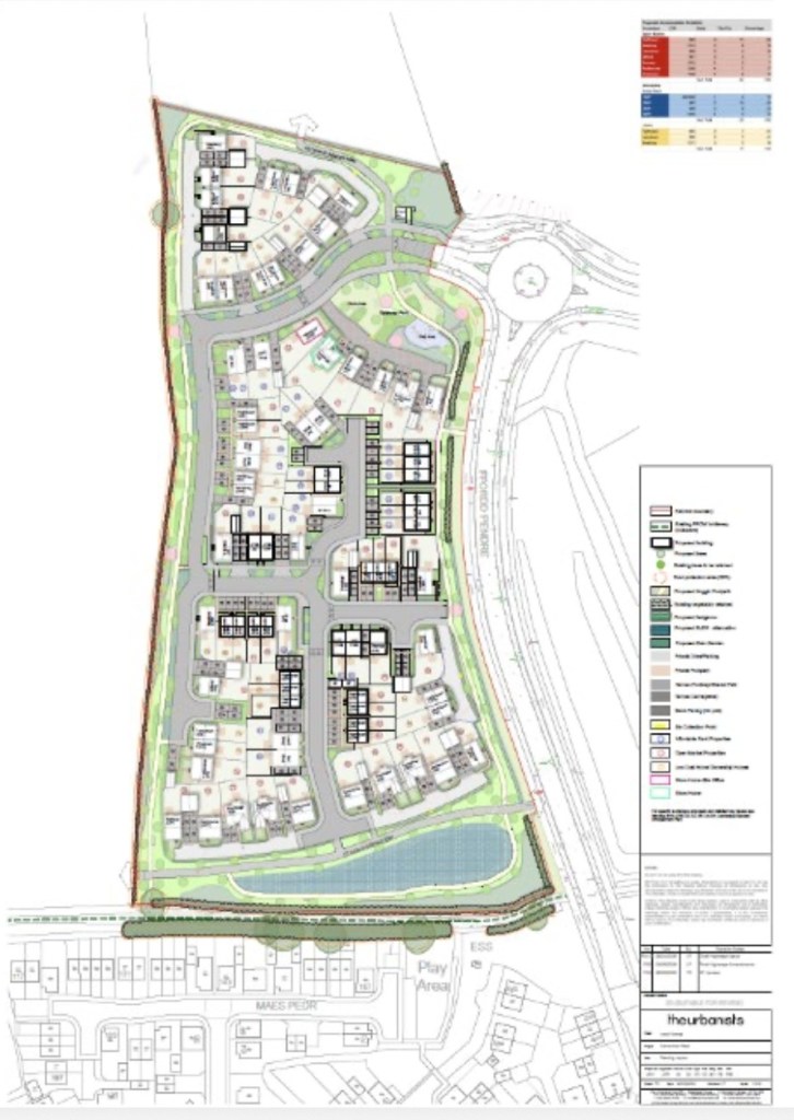 Site plan for the 84 homes with the surface water basin at the southern end beside Maes Pedr