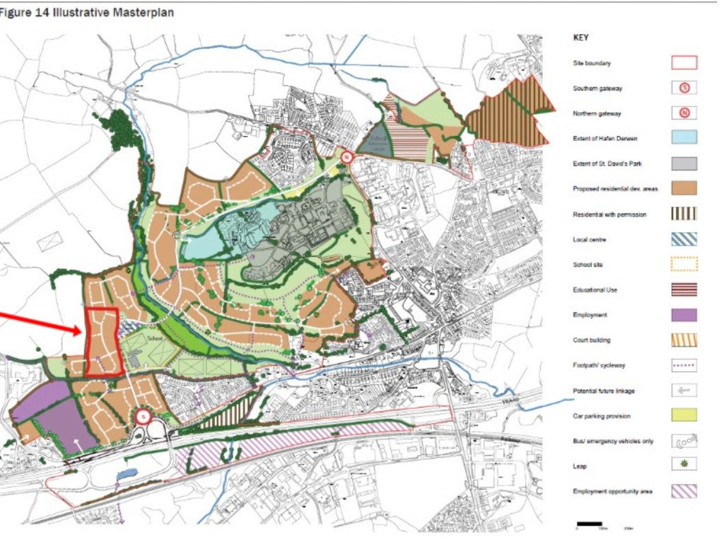 The Carmarthen West illustrative masterplan with the 84-home application site outlined in red beside the link road