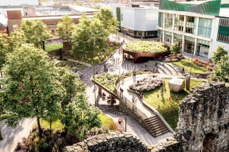 Aerial artist's impression of Castle Square Gardens, showing lawns, planted terraces, a fountain, a big screen and a copper-clad pavilion beside the castle ruins