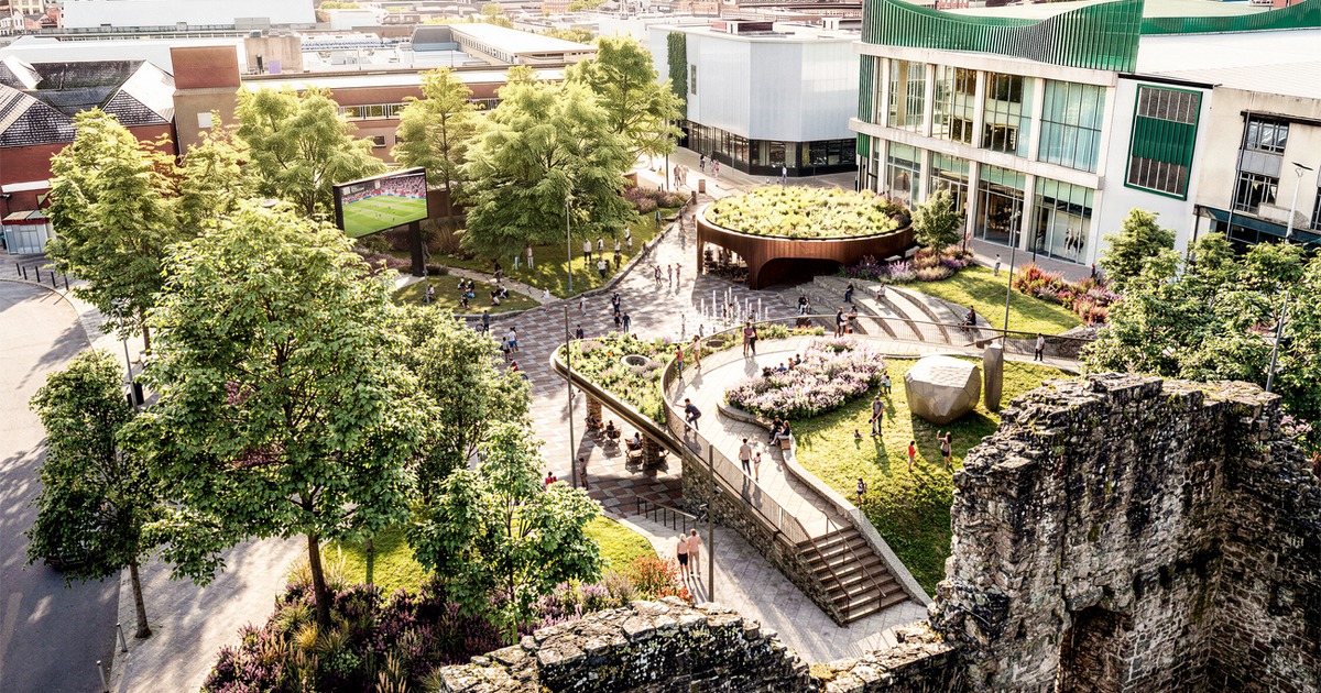 Aerial artist's impression of Castle Square Gardens, showing lawns, planted terraces, a fountain, a big screen and a copper-clad pavilion beside the castle ruins