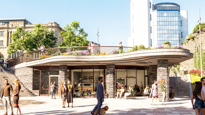 Artist’s impression of the Stone Pavilion, a low cafe building on stone piers with a planted roof terrace where people are standing at railings