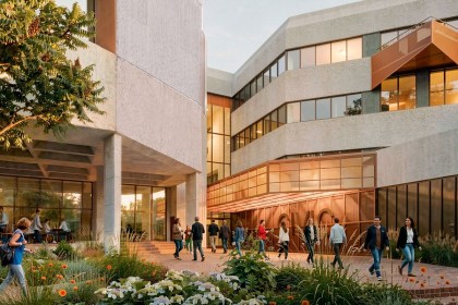 CGI of the redeveloped Civic Centre's northern entrance courtyard, with a copper canopy spelling Civic, planted gardens and people walking through