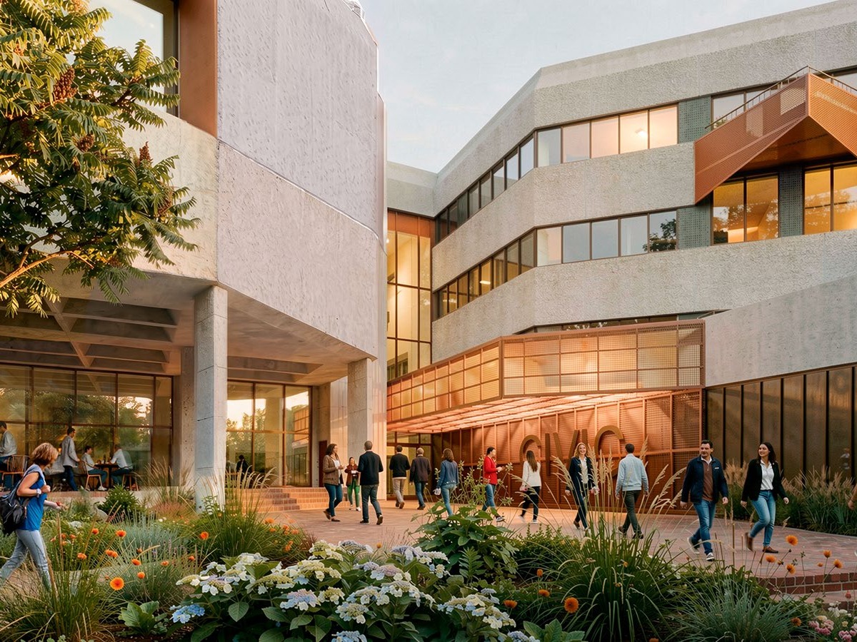 CGI of the redeveloped Civic Centre's northern entrance courtyard, with a copper canopy spelling Civic, planted gardens and people walking through