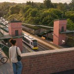 Illustration of a new Cockett railway station with a train at the platform and bilingual Y Cocyd Cockett signs, from the South West Wales Network Vision