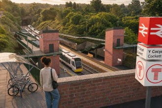 Illustration of a new Cockett railway station with a train at the platform and bilingual Y Cocyd Cockett signs, from the South West Wales Network Vision