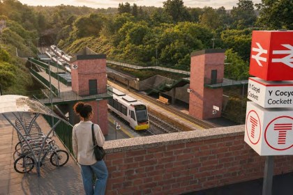 Illustration of a new Cockett railway station with a train at the platform and bilingual Y Cocyd Cockett signs, from the South West Wales Network Vision