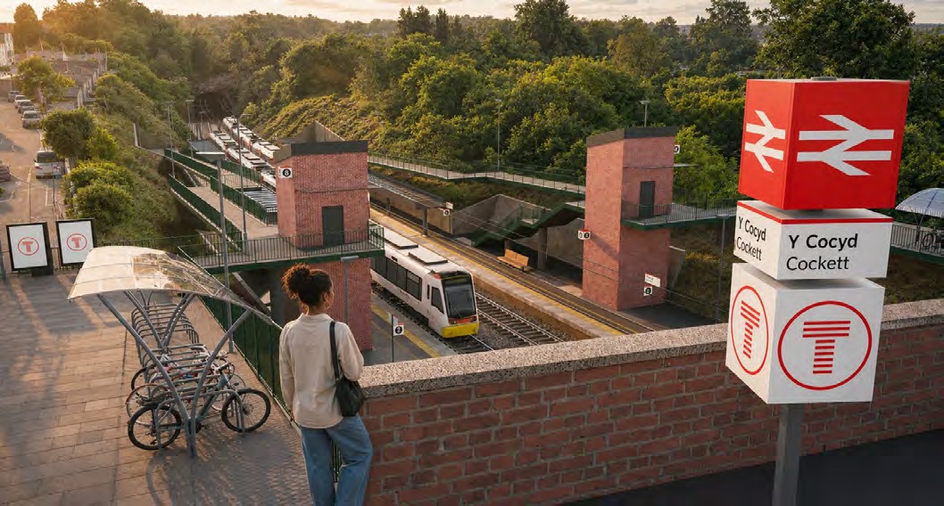 Illustration of a new Cockett railway station with a train at the platform and bilingual Y Cocyd Cockett signs, from the South West Wales Network Vision