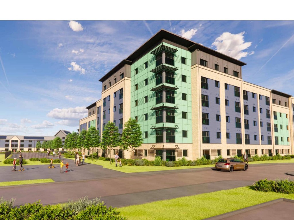 Computer-generated view of a six-storey block of flats with a green-clad corner, pale brick and grey panels, with people walking past