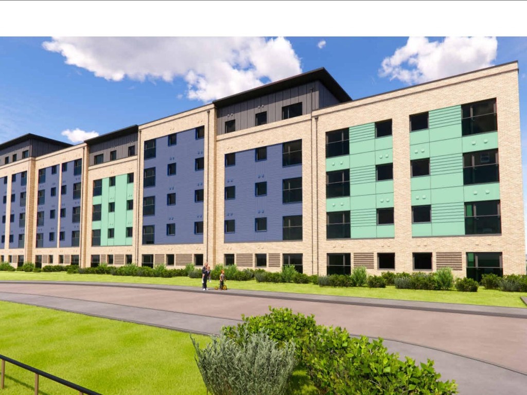 Computer-generated view of the long promenade elevation of the proposed six-storey block, in pale brick with blue and green panels
