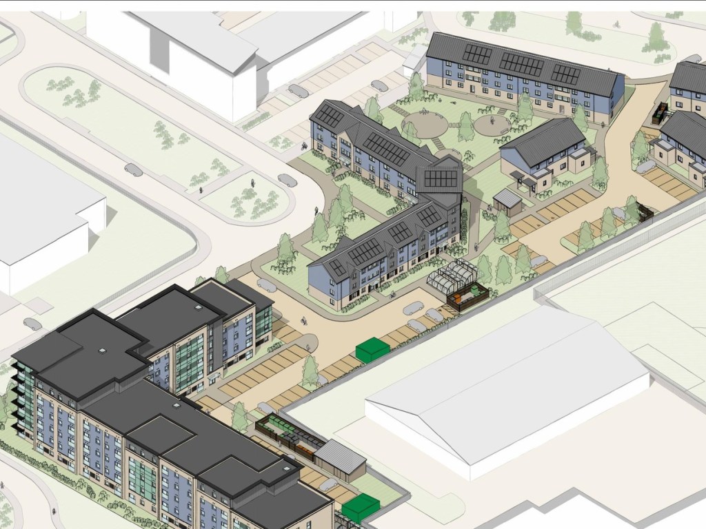 Aerial computer-generated layout of the County Flats estate showing the new seafront block, walk-up flats, courtyards and parking