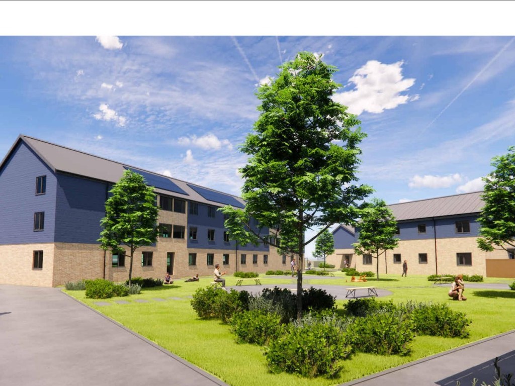 Computer-generated view of three-storey walk-up flats in blue cladding and pale brick around a landscaped courtyard