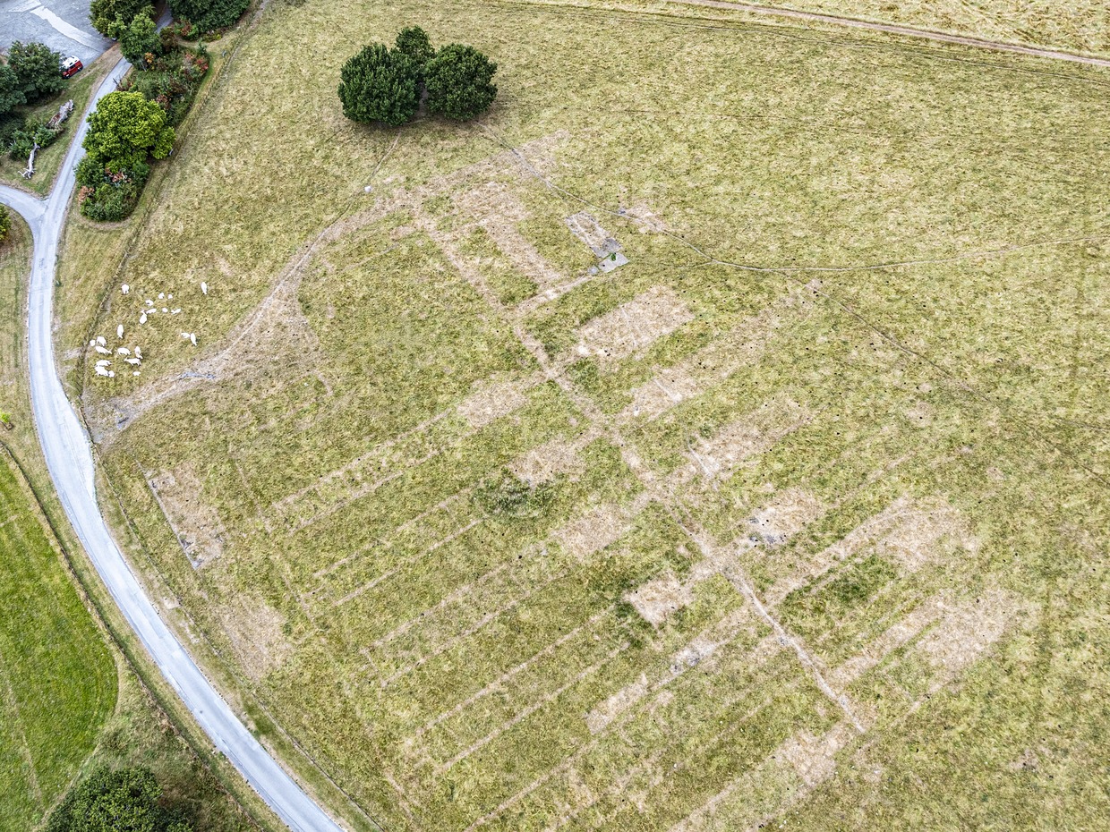 Pale rectangular marks in dry grass showing the foundations of rows of huts