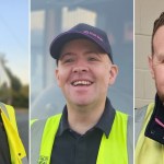 A three-panel montage of First Cymru bus drivers Paul Wakeman, Aaron Wells and Simon Rogers in their uniforms