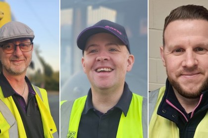 A three-panel montage of First Cymru bus drivers Paul Wakeman, Aaron Wells and Simon Rogers in their uniforms