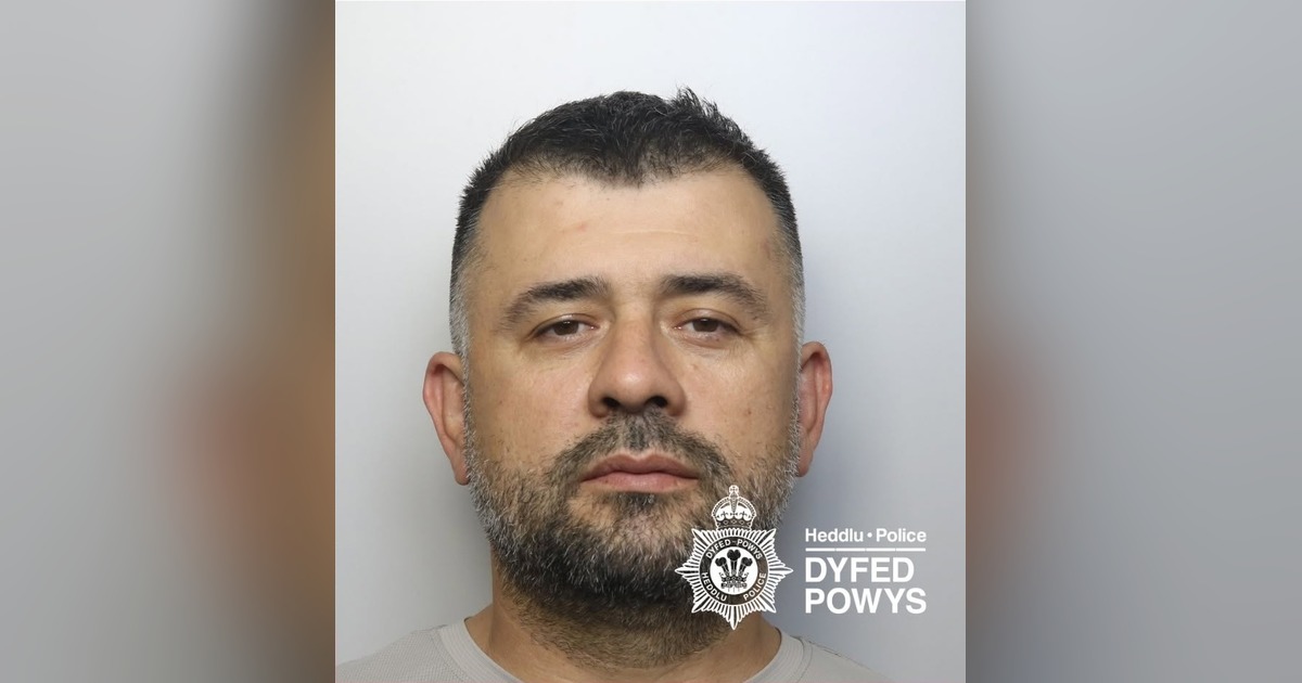 Custody image of Florin Kasmi against a grey background with the Dyfed-Powys Police watermark