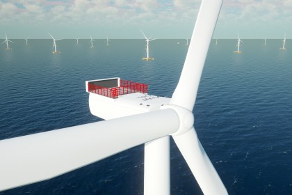 A computer-generated visualisation of the Gwynt Glas floating offshore wind farm, showing a turbine nacelle in the foreground with rows of floating turbines on the sea behind