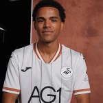 Tom Iorpenda facing the camera in the Swansea City home shirt at his signing photo shoot