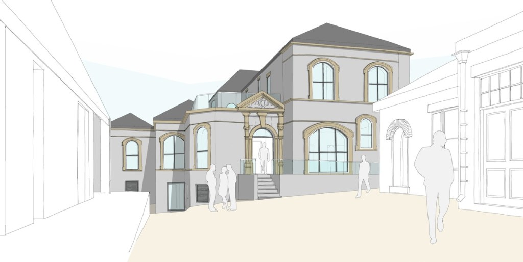 Architect’s drawing of the restored Laboratory Building with arched windows, an ornate stone entrance and figures walking outside