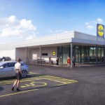 A computer generated image of a modern Lidl supermarket with glass frontage, car park and Lidl sign