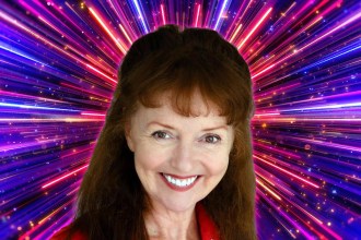 Melanie Walters smiling against a purple and pink Strictly Come Dancing starburst background