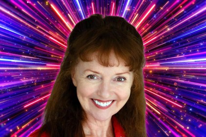 Melanie Walters smiling against a purple and pink Strictly Come Dancing starburst background