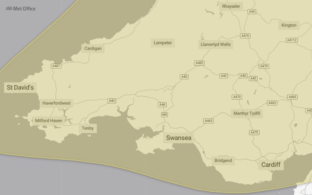 Met Office map showing the yellow thunderstorm warning area covering all of south west Wales including Swansea, Carmarthenshire and Pembrokeshire