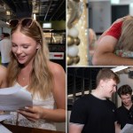 A collage of students celebrating results day at NPTC Group of Colleges: two friends reading results, a student hugging a family member, and three friends comparing grades
