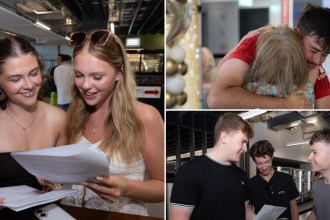 A collage of students celebrating results day at NPTC Group of Colleges: two friends reading results, a student hugging a family member, and three friends comparing grades